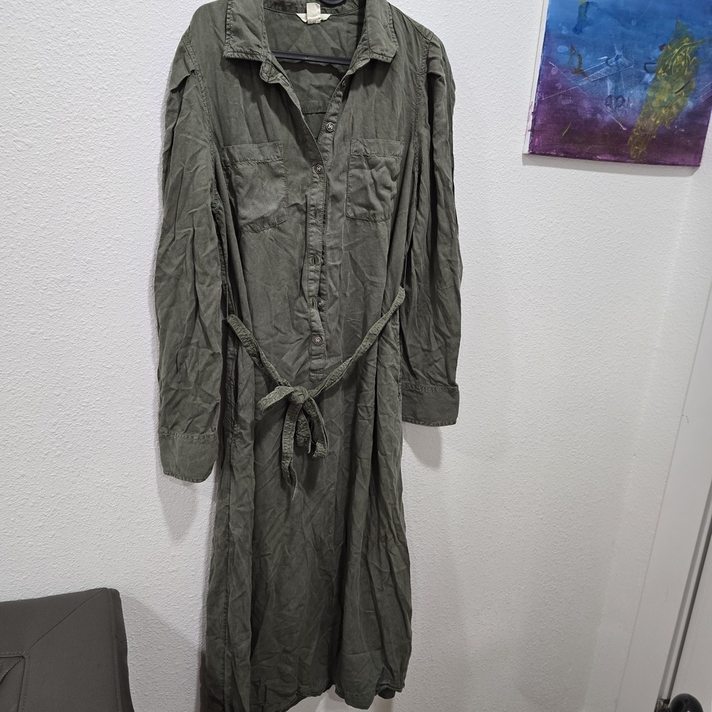 Caslon Olive Green Tencel Lyocell Maxi Shirt Dress Belted Women's Size M